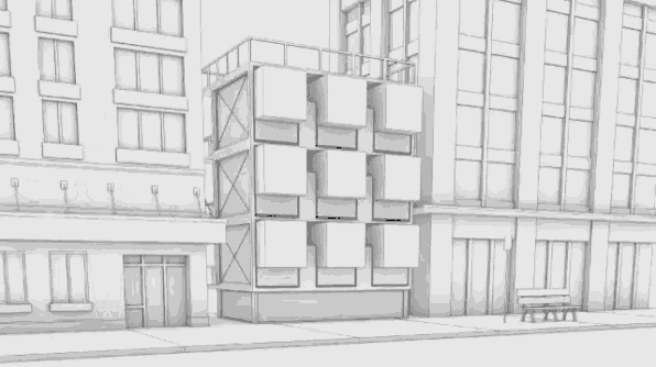 a black and white drawing of a row of houses and a building