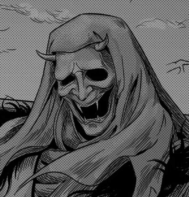 it is a black and white drawing of a demon with horns and a hood .