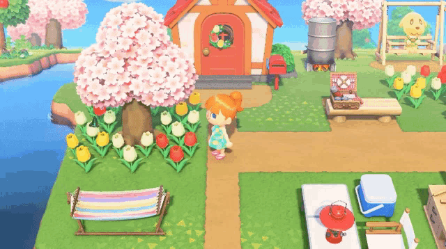 a video game character is standing in front of a house with pink flowers