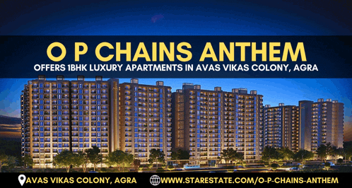 an ad for op chains anthem offers 1bhk luxury apartments in avas vikas colony