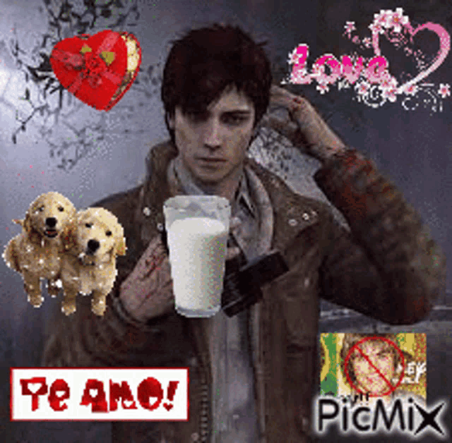 a picture of a man holding a glass of milk with the words te amo written on it