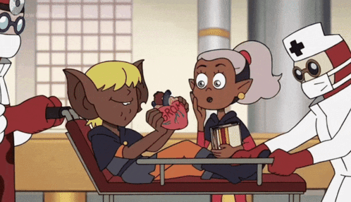 a cartoon character is holding a model of a heart while a nurse and doctor look on .