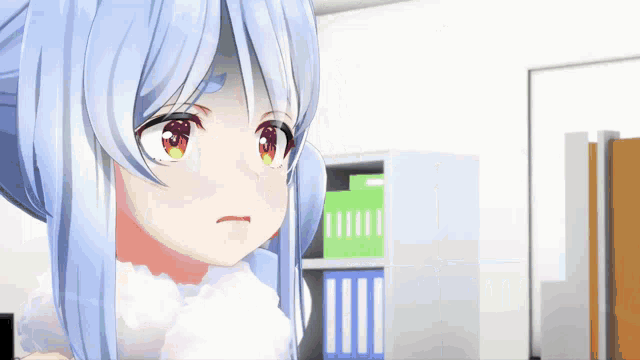 a anime girl with blue hair and red eyes is standing in front of a shelf with binders .