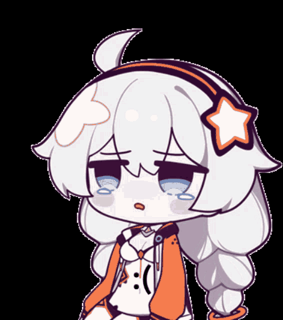 a cartoon girl with white hair and a star on her head is crying