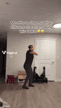 a woman is dancing in a living room with the words " me after seeing myself as different characters doing this dance " above her
