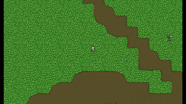 a video game screen shows a person walking through a grassy area