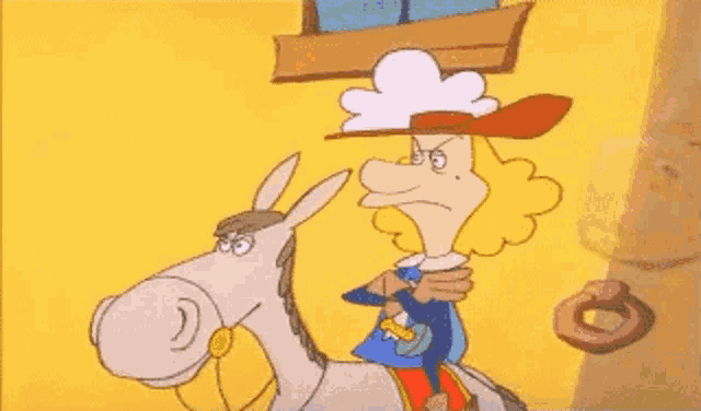 a cartoon of a man riding a donkey