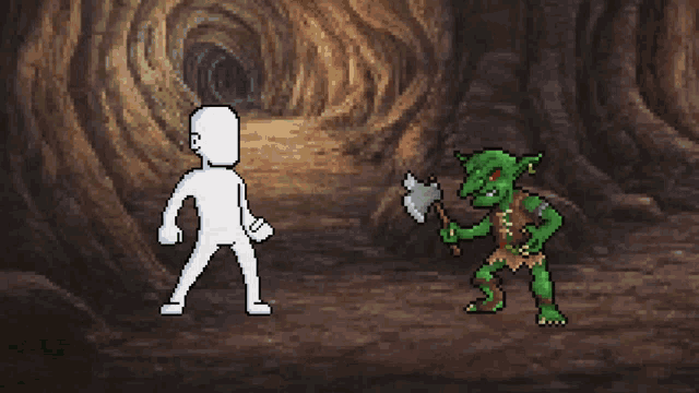 a pixel art drawing of a man and a goblin in a cave