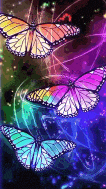 three colorful butterflies are flying in the air on a purple background .