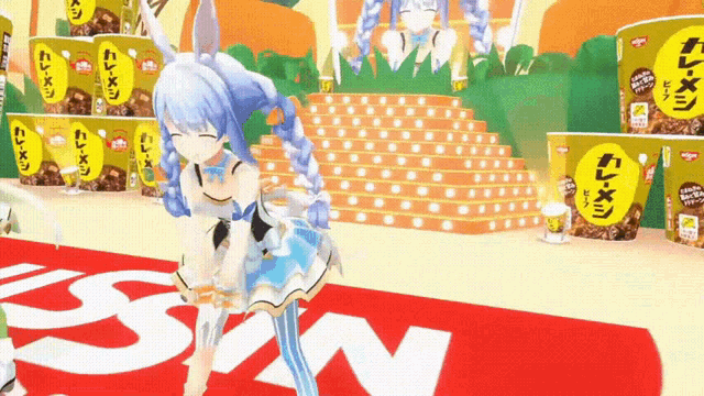 a cartoon character is dancing on a stage in front of a display of ramen cups
