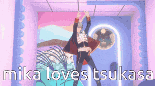 a pixelated image of a man with the words mika loves tsukasa below him