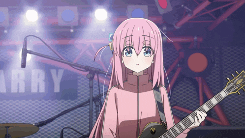 a girl in a pink jacket holds a guitar in front of a sign that says arry