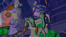 a cartoon character is sitting on a pile of trash