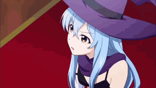 a girl with blue hair wearing a purple witch hat