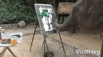 an elephant is painting a tree on an easel with viralhog written on the bottom right