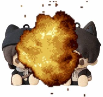a couple of stuffed animals sitting next to each other with a huge explosion behind them