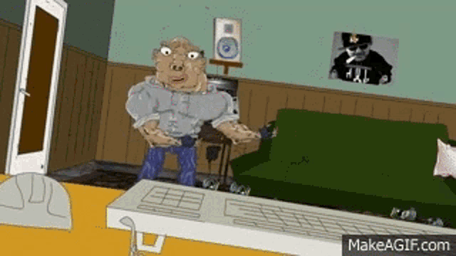 a cartoon character is standing in a living room next to a computer and a couch .