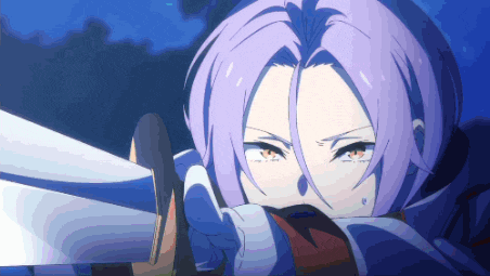 a purple haired anime character holding a sword