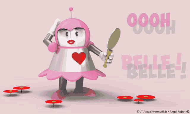 a cartoon of a robot holding a mirror with the words belle behind her