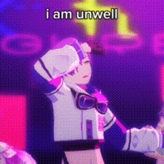 a cartoon character is dancing on a stage with the words `` i am unwell '' written on the bottom .