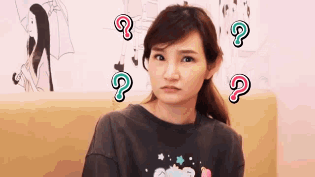 a woman wearing a black shirt has a question mark around her head