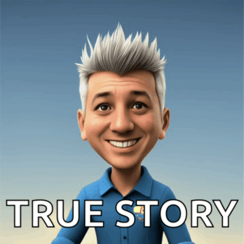 a cartoon of a man with gray hair and the words true story below him