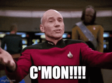 a man in a star trek uniform is making a funny face and says c ' mon !!!