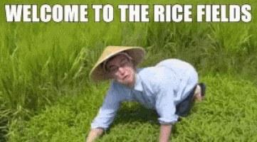 a man wearing a conical hat is kneeling in the grass in a rice field .