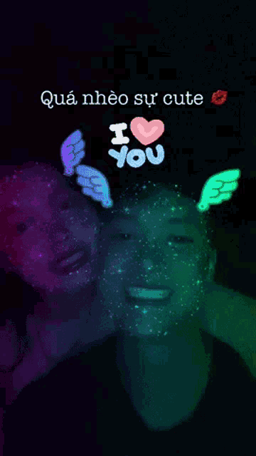a picture of a man and a woman with i love you written on their face