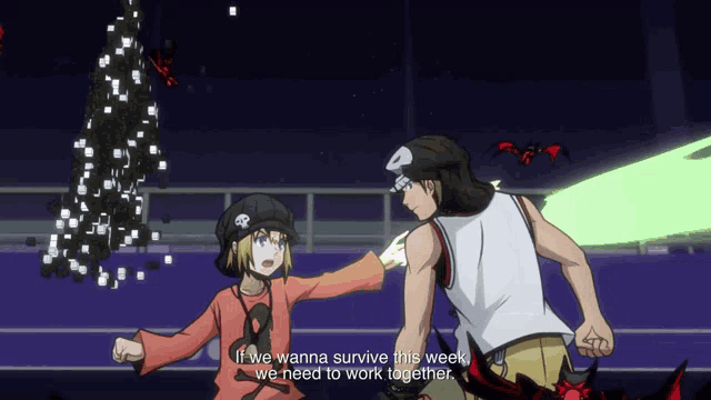 a man and a girl are in a video game and the girl says if we wanna survive this week we need to work together