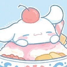cinnamoroll is sitting on a ice cream cone with a cherry on top .