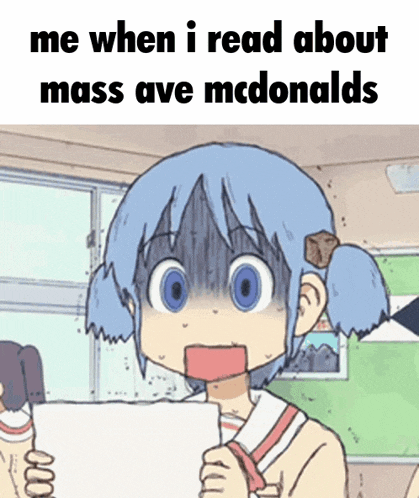 a cartoon of a girl holding a piece of paper that says me when i read about mass ave mcdonalds on it