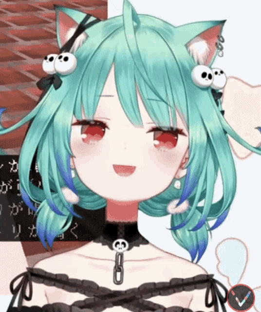 a girl with green hair and red eyes is wearing a black choker