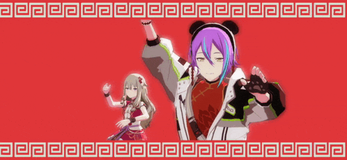 a girl with purple hair is standing next to a man with a jacket that says da on it