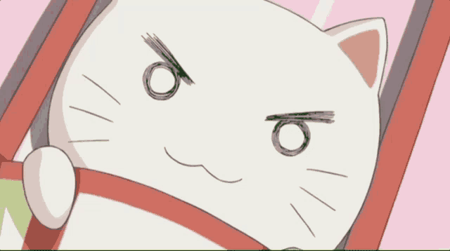 a white cat with an angry face is hanging from a red ribbon