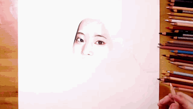 a person is drawing a woman 's face with a colored pencil