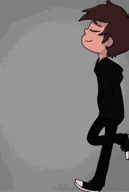 a cartoon drawing of a boy wearing a black hoodie and black pants