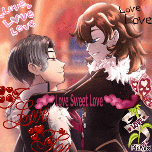 a picture of two anime characters with the words love sweet love written on it