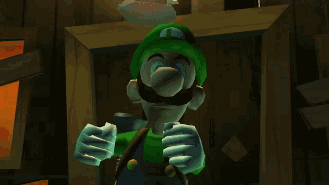 a cartoon character named luigi is standing in front of a wooden building