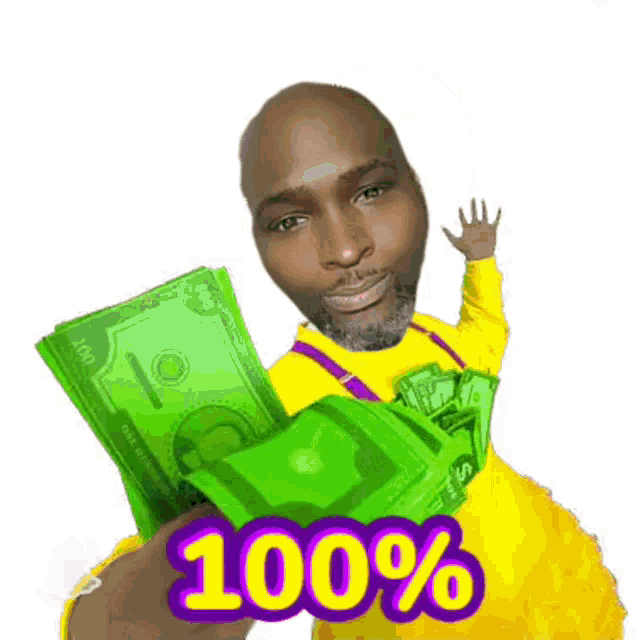 a man in a yellow shirt is holding a stack of green money with the words 100 % on it