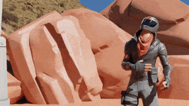 a cartoon character wearing a helmet and scarf is standing in front of large rocks