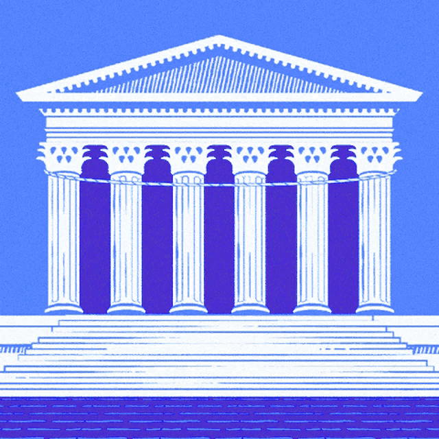 a blue and white drawing of a building with columns on a blue background