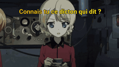 a cartoon of a girl holding a cup with the words connais tu ce dicton qui dit written above her
