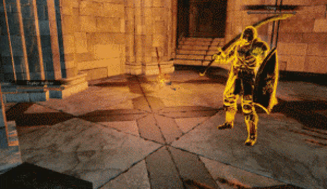 a video game shows a man with a sword and shield