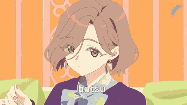 a drawing of a girl with the word batsu written on the bottom