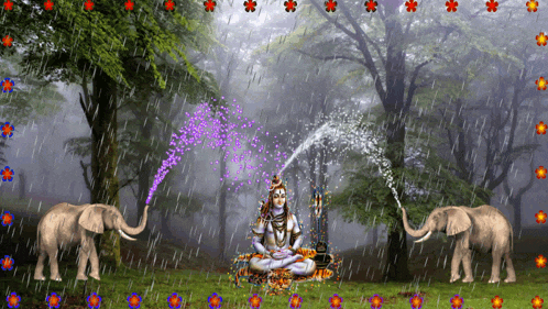 a painting of a man sitting in a lotus position surrounded by elephants
