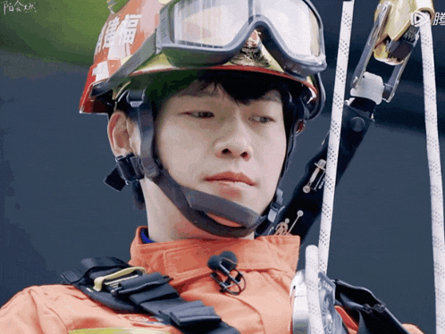 a man wearing a helmet and goggles with chinese writing