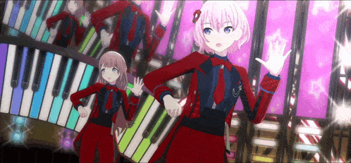 a girl in a red dress is standing in front of a piano keyboard