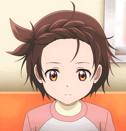 a little girl with brown hair and red eyes