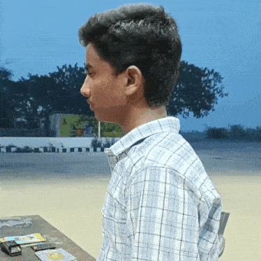 a boy in a plaid shirt sits in front of a table